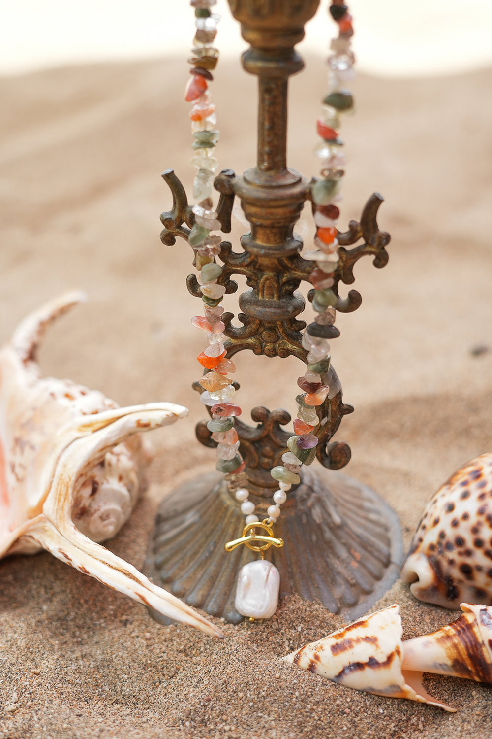 Discover the Wild Earth Necklace in Desert Bloom, with natural stone chips, freshwater pearls and a statement pearl pendant from Earth Altering by Jinx the Label.