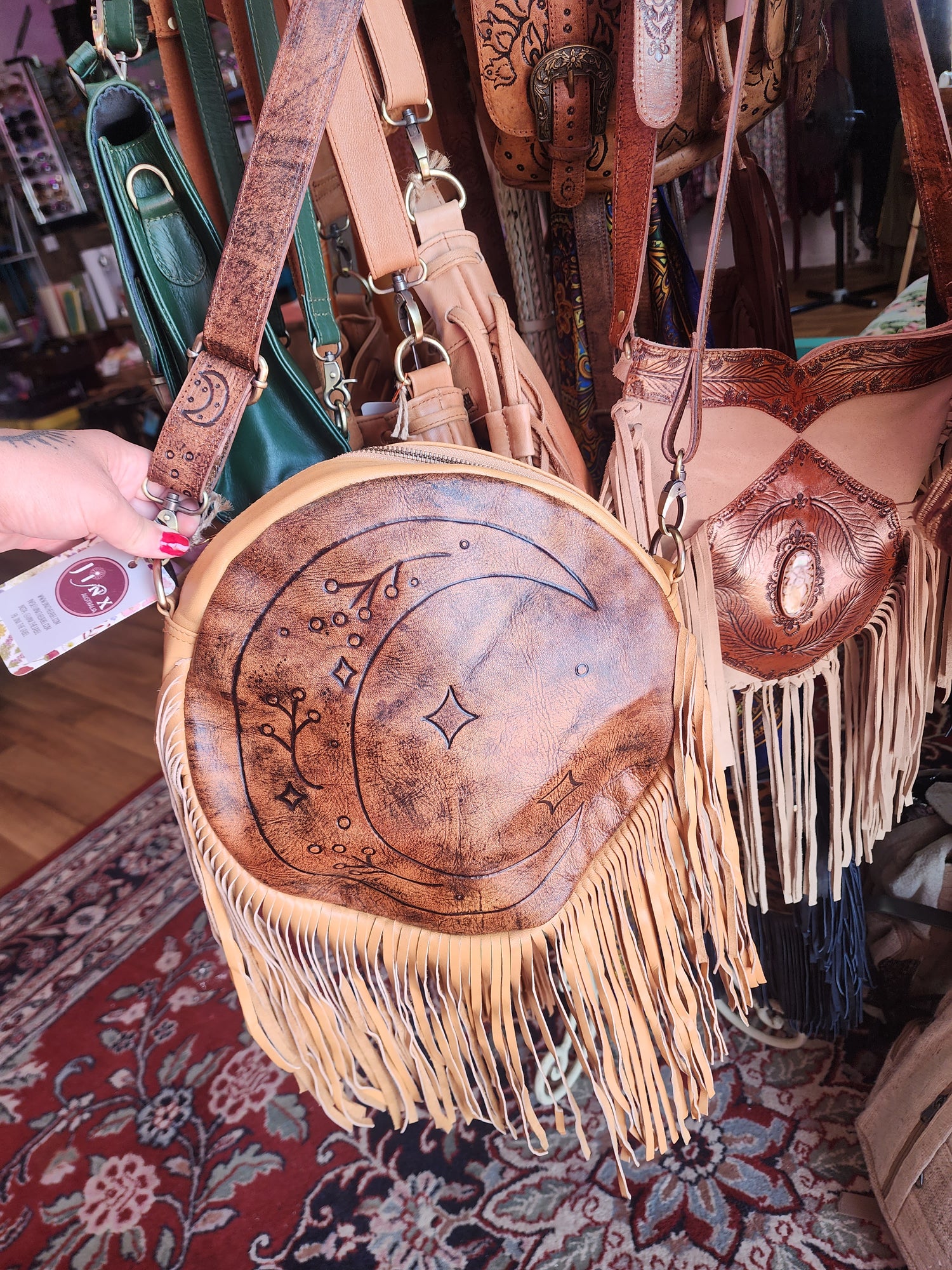 Full moon leather fringe bag -tan