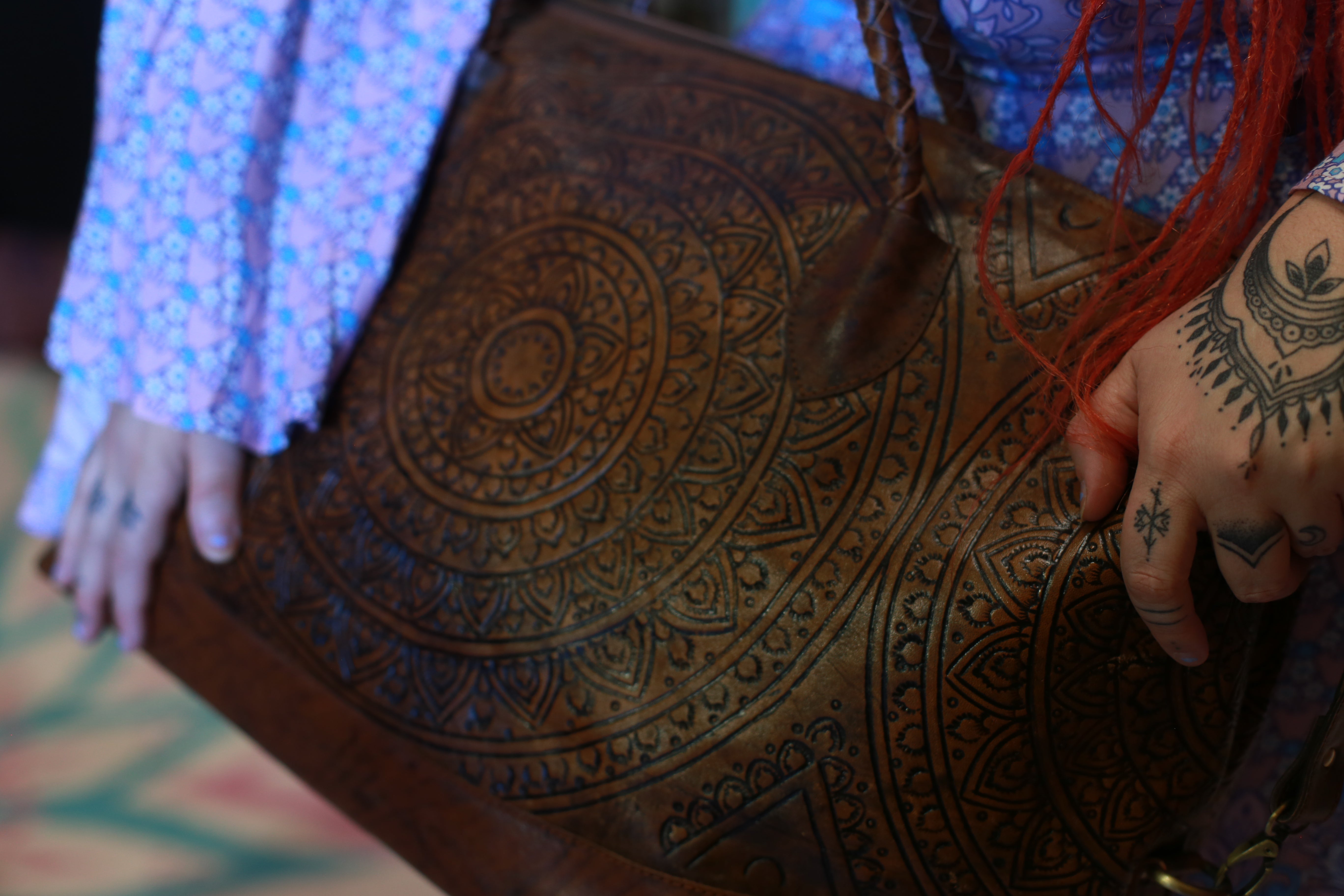 Leather travel duffel bag mandala