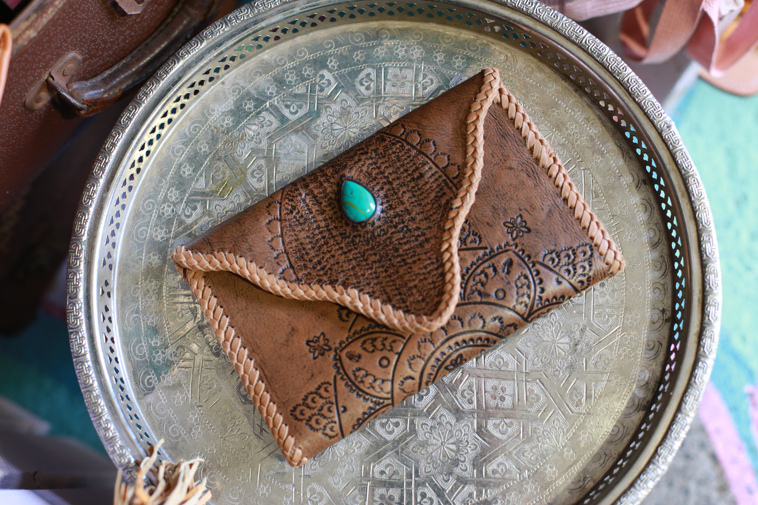 Braided Leather stone mandala purse