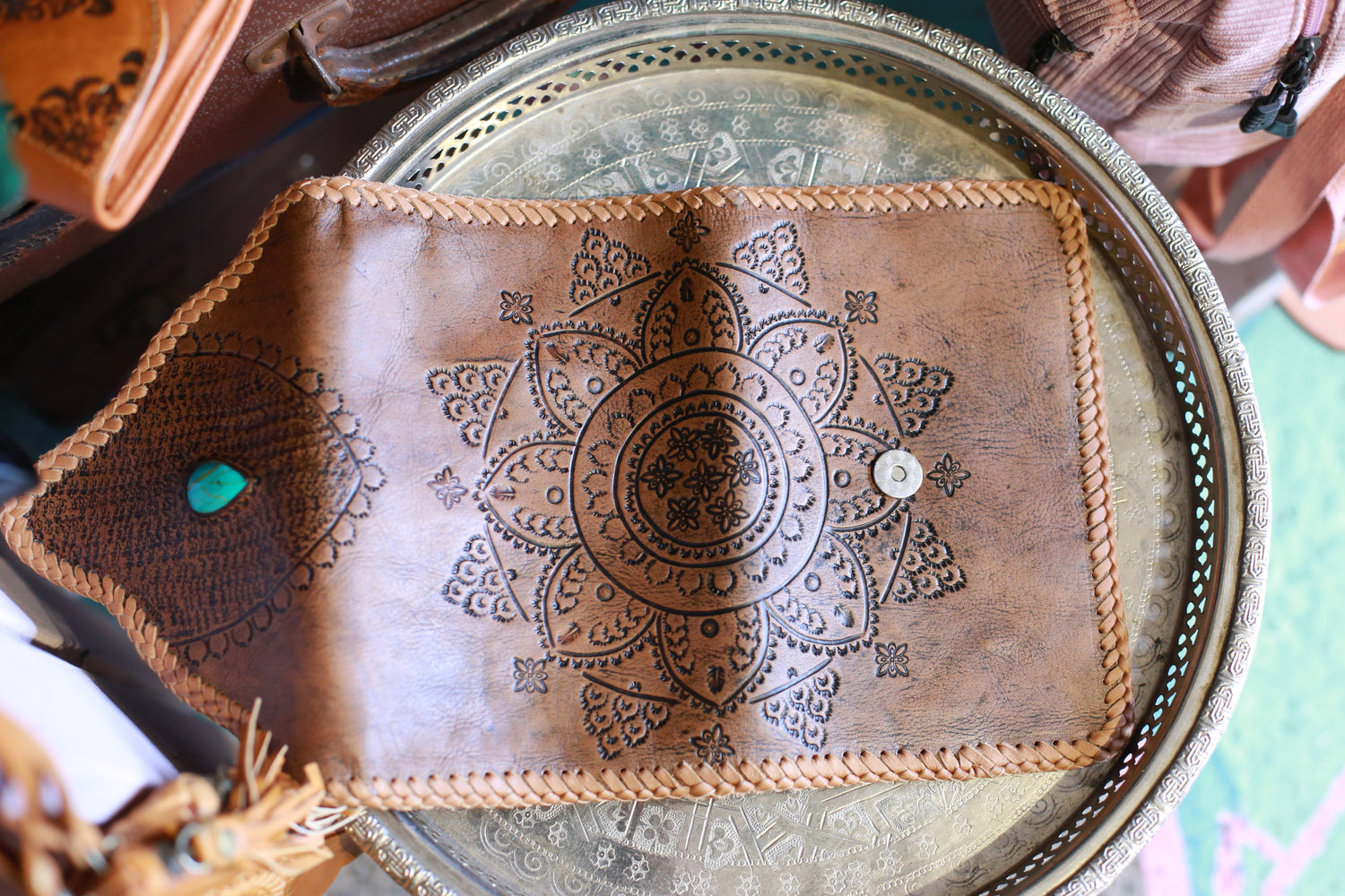 Braided Leather stone mandala purse