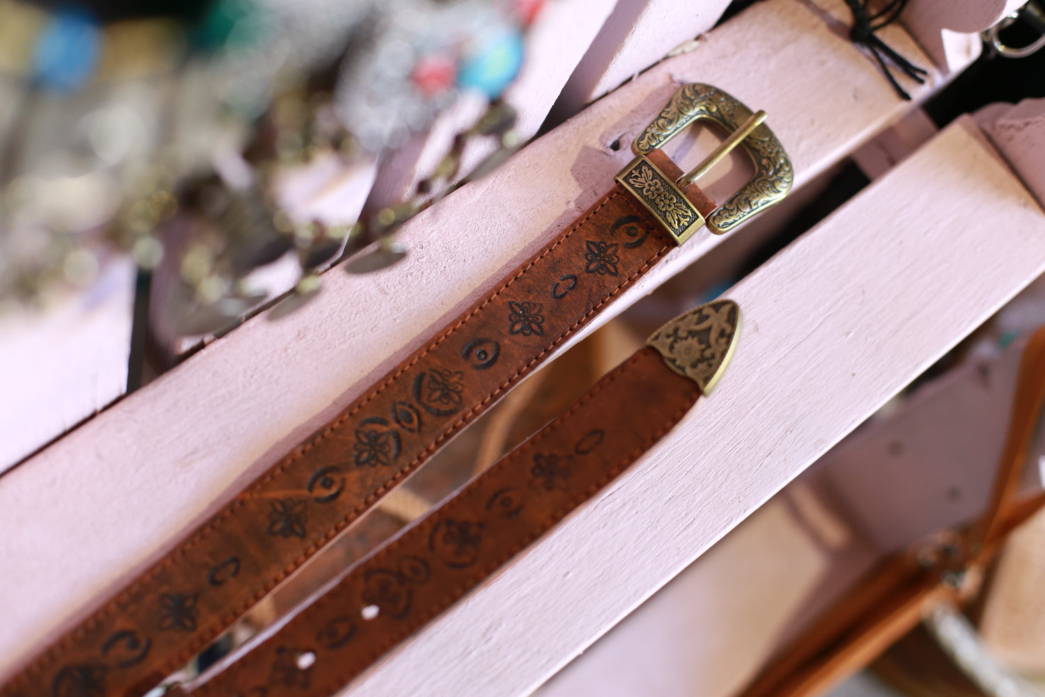 Wiccan leather belt in brown with brass buckle