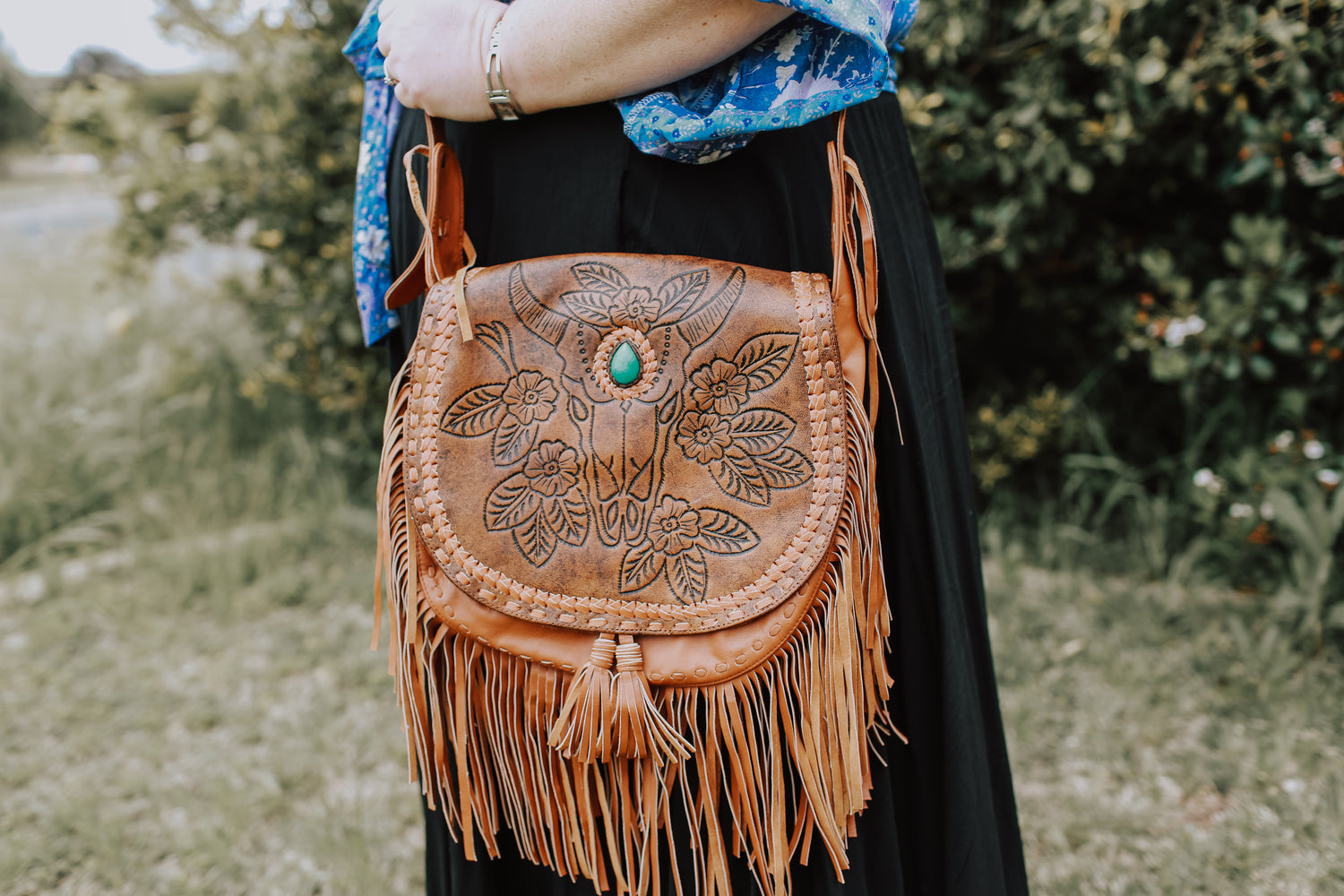 Boho bullhorn leather bag