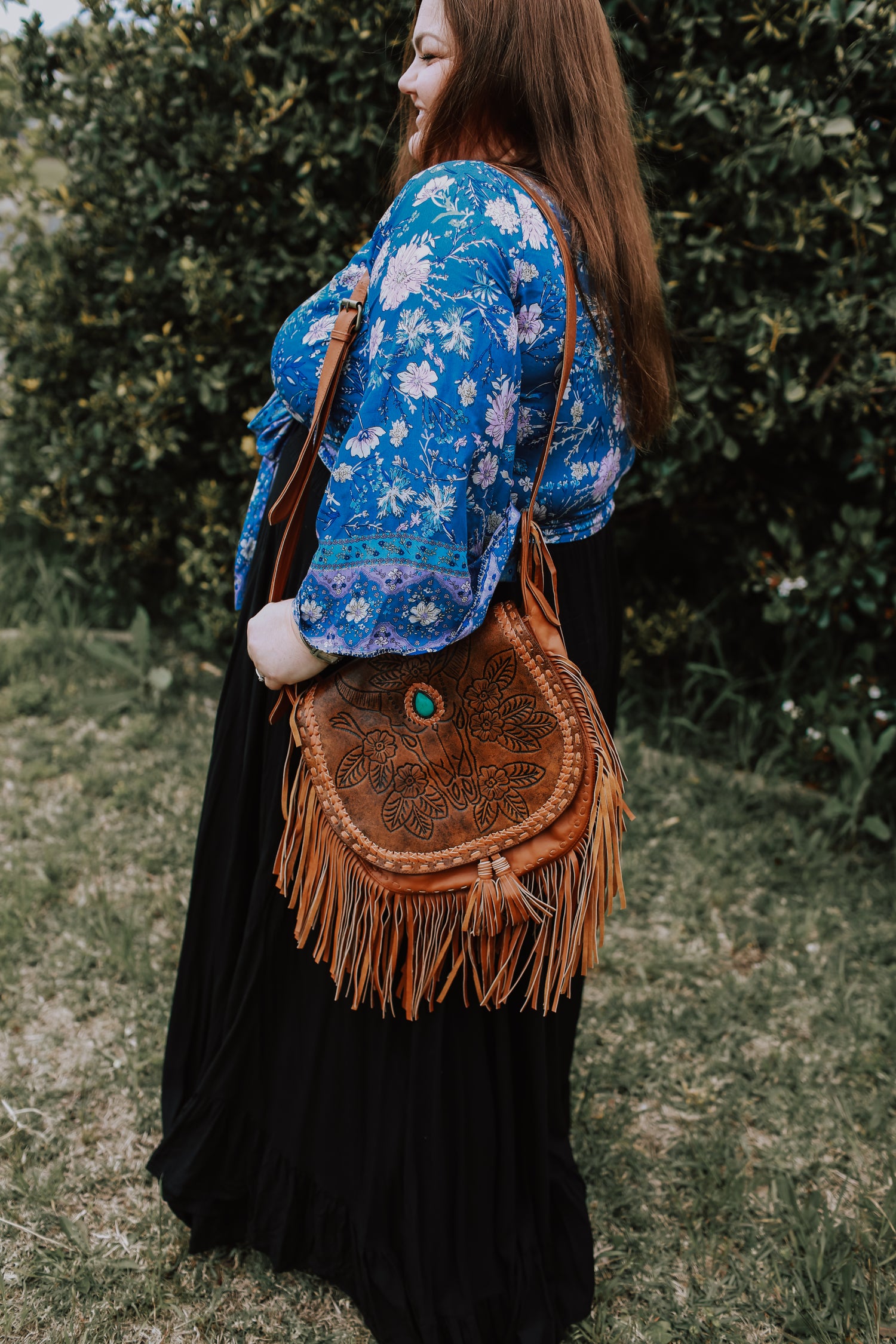 Boho bullhorn leather bag