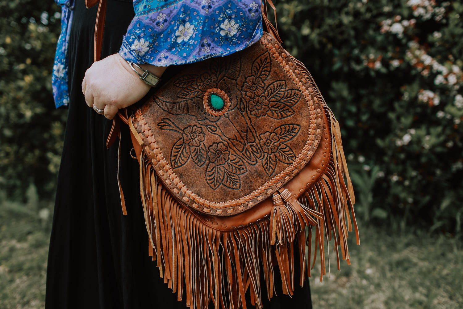 Boho bullhorn leather bag